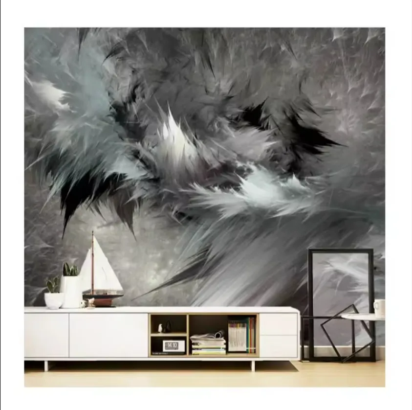 作られた壁紙家の改善の装飾壁のための3D壁紙抽象芸術リビングルームのための黒と白の羽の壁画
