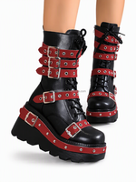 Botas de Tobillo Góticas para Mujer CHENO con Logotipo Personalizado, Color Negro y Rojo, Estilo Punk, con Hebilla