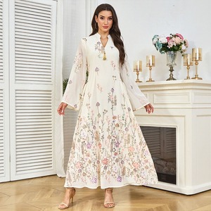 Gaun Maxi kasual wanita, Gaun kerah berdiri kualitas tinggi bernapas pola bunga poliester bordir payet untuk - Product Image 3