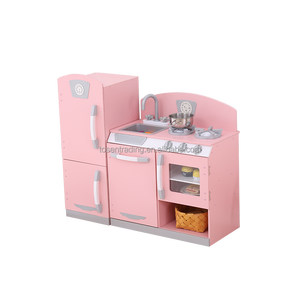 Réfrigérateur et cuisine en bois rose modernes pour jeux de rôle avec évier, robinet et brûleurs pour enfants - Product Image 1