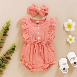 Wholesale Cotton Child Clothing Solid Color Long Sleeve Jumpsuits Rompers New Born Baby Clothing Sets Baby Jumpsuit Baby Girl