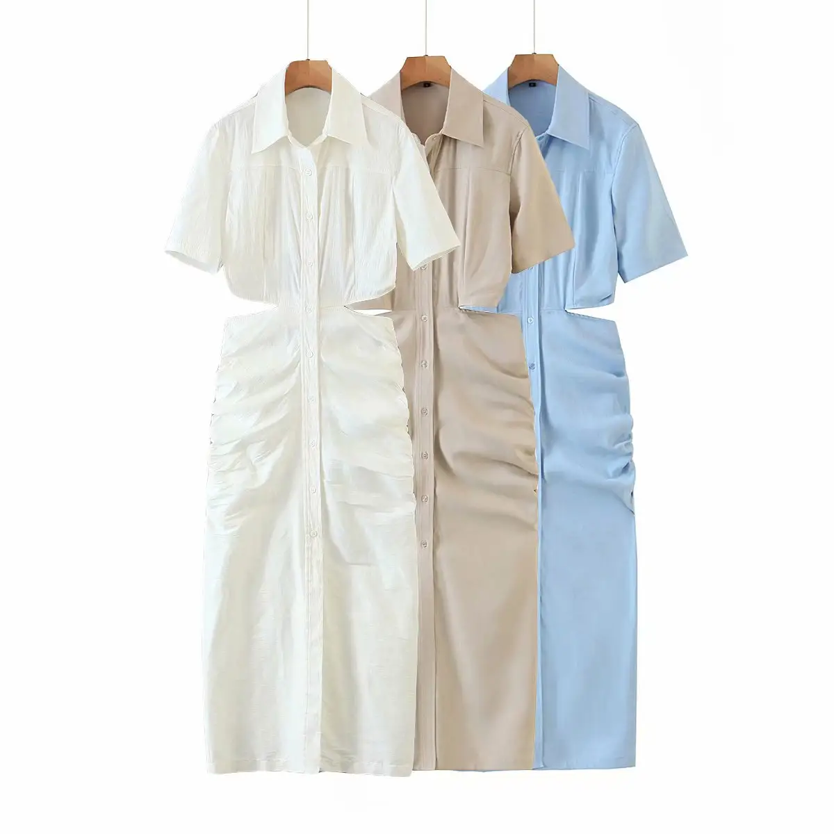 New Summer Coming Items Full Button White Dress Ladies Short Sleeve Elegant Cut Hollow Out Dress
