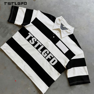 Polo Oversize in Cotone Morbido con Vestibilità Ampia, <span class=keywords><strong>Righe</strong></span> <span class=keywords><strong>Bianche</strong></span> <span class=keywords><strong>e</strong></span> <span class=keywords><strong>Nere</strong></span>, Patch Ricamato 3D Personalizzato <span class=keywords><strong>e</strong></span> Spalle Cadenti - Product Image 4