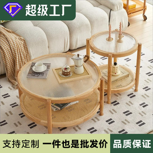 Rattan Coffee <b>Table</b> <b>Round</b> Nesting Living Room <b>Side</b> <b>Table</b> Natural Wood Color - Product Image 5