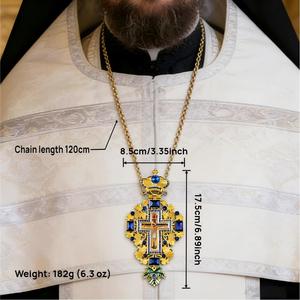 HT Orthodoxe Christelijke Kruis Hanger Verguld Liturgische Sieraden met Rood Blauw Kristal en Emaille Gesneden Rankpatroon - Product Image 3