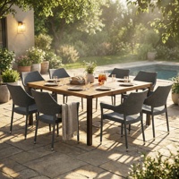 Ensemble de salle à manger d'extérieur pour 8 personnes, comprenant des fauteuils empilables en rotin PE et une table en bois d'acacia, idéal pour jardin, balcon, véranda, terrasse, restaurant