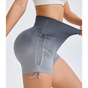 กางเกงขาสั้นเล่นกีฬาแบบเชือกรูดไล่ระดับสีสำหรับผู้หญิงกางเกงออกกำลังกายเอวสูงกางเกงรัดรูปเอวสูงผ้าพีชสะโพกยืดหยุ่น - Product Image 4