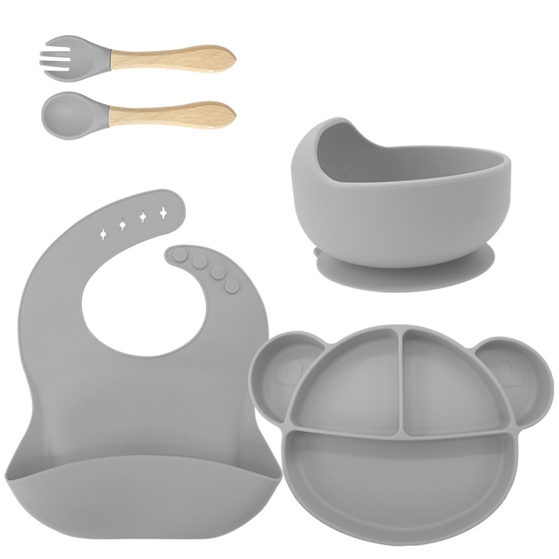 Gris fumée [bavoir+assiette+bol+fourchette avec manche en bois]