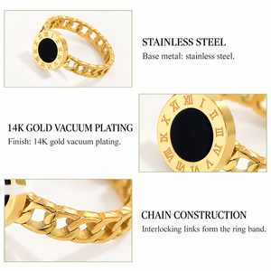 Stainless Steel 14K Gold Vacuum Plated Black Oval <b>Roman</b> <b>Numeral</b> Statement Jewelry Plain Band <b>Ring</b> Women's Blueprint Irregular - Product Image 3