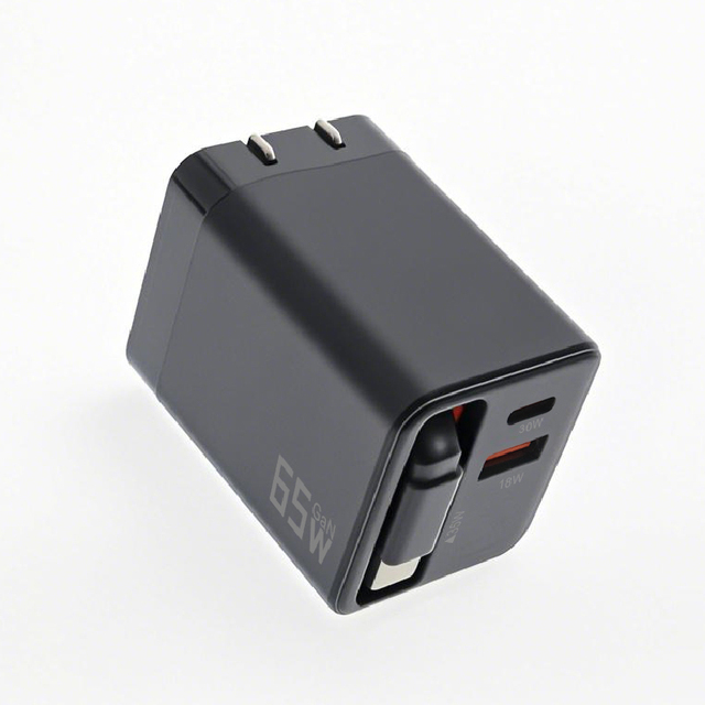 65W GaN USB C Charger Block with Retractable Type C Cable Dual Port Travel Fast Charging Adapter PD 3.0 Function for Laptop