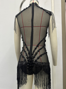 Abito Nero con Frange di Strass, Collo Alto Senza Maniche, <span class=keywords><strong>Costume</strong></span> Gotico <span class=keywords><strong>da</strong></span> Strega per Halloween, Showgirl, Burlesque, Drag Queen, Vendita all'Ingrosso - Product Image 3