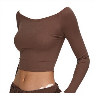 Sexy Off-Shoulder Long Sleeve Breathable Sweat-Wicking Quick Dry Spandex/Nylon Solid Front <b>Crop</b> <b>Top</b> Skinny Fit Women's Sports - Product Image 6