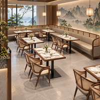 Table de restaurant, plateau rectangulaire en pierre veinée blanche avec bordure en bois foncé et base à colonne centrale pour café et bistrot