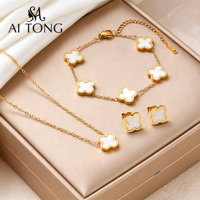 Ensemble de bijoux de mode OEM ODM classique en émail trèfle à quatre feuilles plaqué or 18 carats en acier inoxydable multicolore blanc et rouge pour femme, idéal comme cadeau