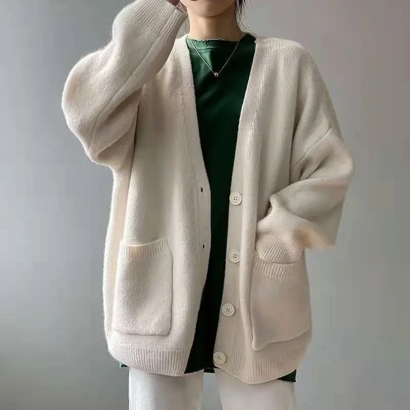 女性のためのヴィンテージルーズカーディガンカジュアル秋のカーディガンVネックニットセーター女性の長袖ニットファッション韓国のセーター