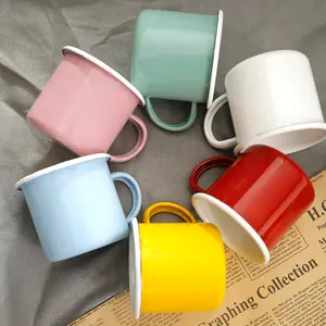 Custom enamel mug gift set factory supply hollow handle grip enamel coffee mug