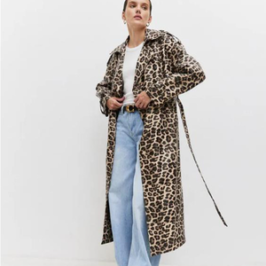 Manteau long rétro style Old Money à imprimé léopard, col à revers, double boutonnage, veste en cuir PU pour femme, automne - Product Image 3