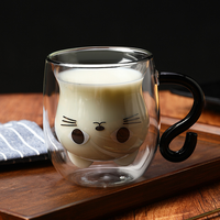 Vente en gros de tasses à café en verre à double paroi résistant à la chaleur en borosilicate en forme de chat mignon