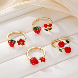 Anillo Abierto con Forma de Fruta, Fresa y Cereza, Joyería de Moda para Mujer, Regalo, Rojo - Product Image 1