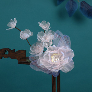New original design, handmade gradient pink peony hot-stamped <b>flower</b>, forest-style <b>sweet</b> butterfly hair clip, Hanfu headdress. - Product Image 4