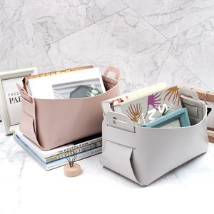 Wholesale Pu Leather <b>Foldable</b> Bin Portable Open Top Organizer for Home Durable Concise Storage <b>Basket</b> With Handles - Product Image 6