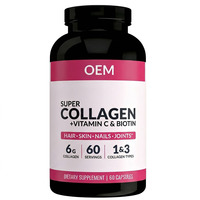 Kapsul Kolagen Biotin Vitamin C Bebas Gluten Suplemen Diet Vegan untuk Dewasa untuk Nutrisi Rambut Kulit Kuku 60 Kapsul/Botol