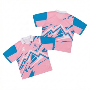 Jersey Sepak Bola & Futsal OEM ODM Custom Y2K Blokecore Polo Pink Biru dengan Cetakan Geometris Gunung, Sublimasi Penuh untuk Latihan - Product Image 1