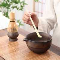 Bol à matcha en céramique japonaise éco-responsable effet fourne, style Japandi, avec support à bec verseur, ensemble rétro pour café et thé, usage domestique