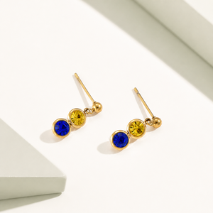 Boucles d'oreilles pendantes en zircon bleu et jaune, en acier inoxydable plaqué or 14 carats sous vide, bijoux minimalistes à deux pierres - Product Image 1