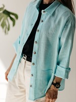 Ensemble en lin bleu ciel 2 pièces, lin de qualité supérieure personnalisé, haut et pantalon en lin uni à manches longues pour femmes, ensemble 2 pièces pour femmes