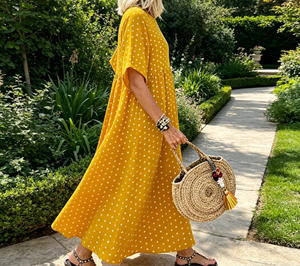 <span class=keywords><strong>Abito</strong></span> lungo da donna a <span class=keywords><strong>pois</strong></span> giallo con scollo a O, <span class=keywords><strong>maniche</strong></span> corte, vestibilità ampia, casual, per l'estate, la spiaggia e l'uso quotidiano, modello A-Line - Product Image 6