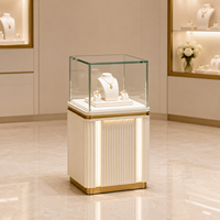Vitrine de Luxe pour Bijoux avec Éclairage LED, Tiroirs de Rangement, Meuble de Comptoir Îlot Blanc Lait Doré pour Vente au Détail