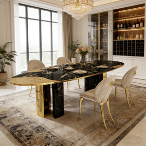 Mesa de Comedor de Lujo de Alta Gama con Tablero de Diseño Patchwork y <span class=keywords><strong>Base</strong></span> con Detalles en Dorado <span class=keywords><strong>para</strong></span> Villas y Hoteles - Product Image 2