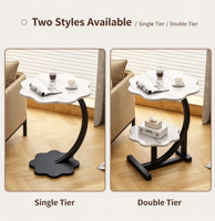 Table d'appoint double couche de luxe léger, style pétale, avec plateau en faux marbre et structure en C, pour coin de canapé