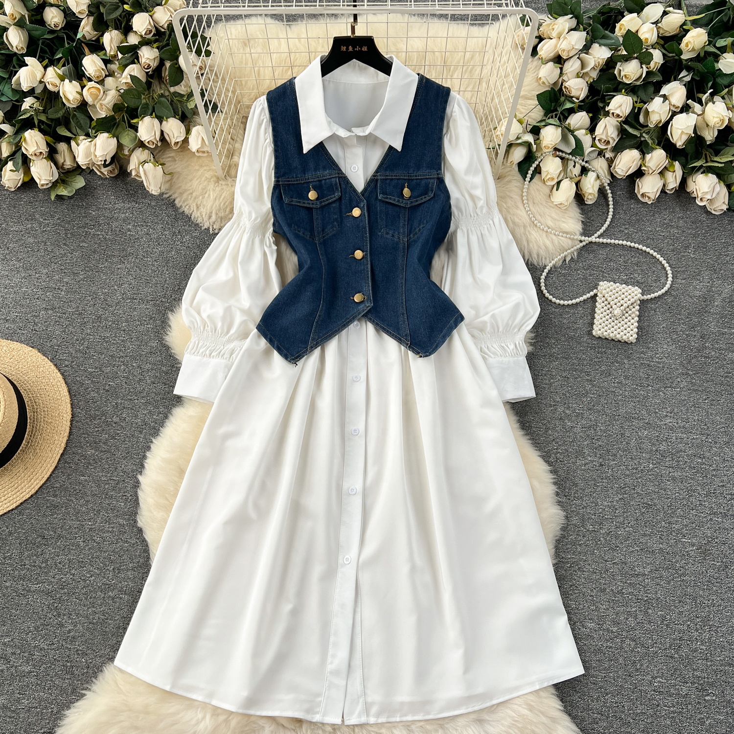 2024 Korean 2 Piece Set for Women - Puff Sleeve Top & Denim Dress 2024 Korean 2 Piece Set for Women - Puff Sleeve Top & Denim Dress