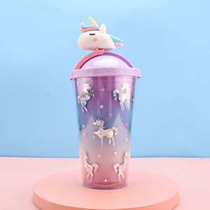 Nouvelle gourde licorne en plastique, mignonne et pratique, avec paille intégrée pour le camping - Product Image 2