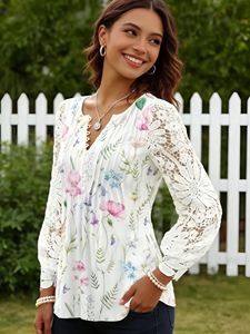 Chemisier Henley à manches longues pour femme grande taille, imprimé floral, en dentelle, col en V boutonné, bord festonné, décontracté, pour les vacances - Product Image 3