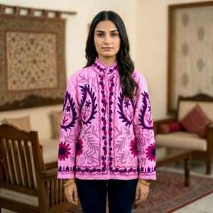 Chaqueta Rosa Suzani para Mujer, Bordado Floral Hecho a Mano, Tela TNT, Estilo Bohemio Étnico, Abrigo de Moda al por Mayor para Boutique - Product Image 1