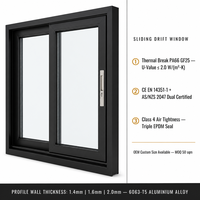 Fenêtre coulissante moderne à rupture de pont thermique en aluminium certifiée CE, double vitrage, profilé 1,4 mm, insonorisée, étanche, taille personnalisée 5
