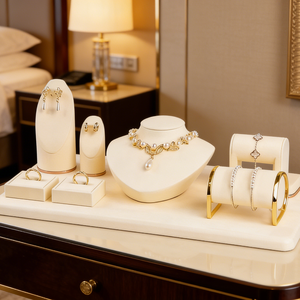 Factory Beige Microfiber Fabrics Luxury Packaging Necklace Watch Bracelet <b>Earring</b> Ring Jewelry Display Set with Tray Display - Product Image 2