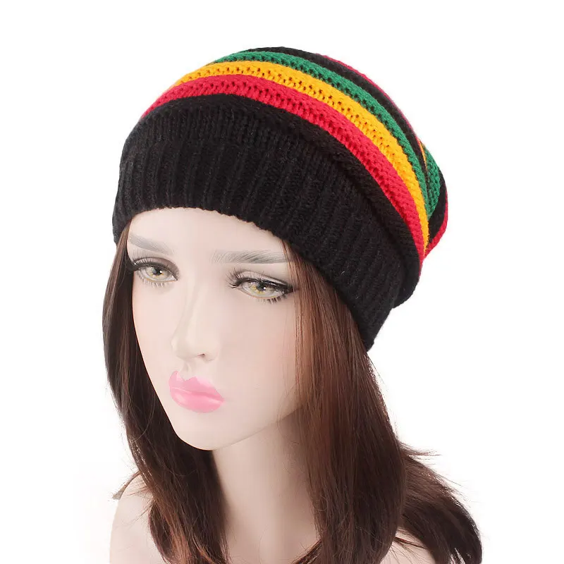 Logo personalizzato all'ingrosso inverno Unisex caldo colorato Reggae Baggie Knit Beanie Hat Slouchy Rasta Cap cappello invernale per le donne MXM-34