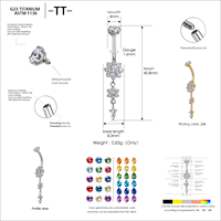 Anneau de nombril en titane ASTM F136 plaqué or rose, motif fleur, longueur 40,8 mm, barre de 16 mm, piercing unisexe pour le nombril