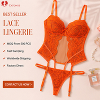 Ensemble de lingerie en dentelle orange pour femme, comprenant un haut bustier, une culotte taille haute, des jarretelles découpées et un ensemble trois pièces transparent de sous-vêtements intimes