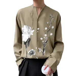 2024 봄 꽃 인쇄 V 넥 긴 소매 스트리트웨어 느슨한 캐주얼 버튼 남성용 빈티지 레저 셔츠