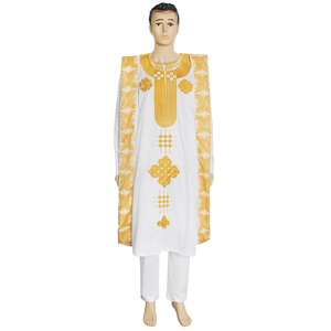 H & D Costume Africain pour Hommes Style Africain <span class=keywords><strong>Agbada</strong></span> Ensemble 3 Pièces Bleu à Manches Larges Brodé - Product Image 1