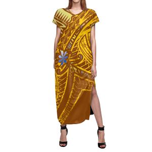 Factory <span class=keywords><strong>Outlet</strong></span> Mujer Maxi Vestido Polinesio Samoan Tribal Suave Cómodo Vestido de manga corta con cuello en V Slit 1 MOQ Natural - Product Image 5
