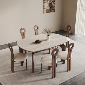 Solid Wood Slab <b>Dining</b> Table Extendable Travertine Top 4 Piece <b>Set</b> Wabi Sabi Style <b>Dining</b> Room Furniture - Product Image 2
