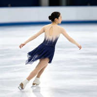 Robe de patinage artistique à manches longues dégradé bleu marine avec dos découpé et strass pour performance de danse sur glace pour enfants