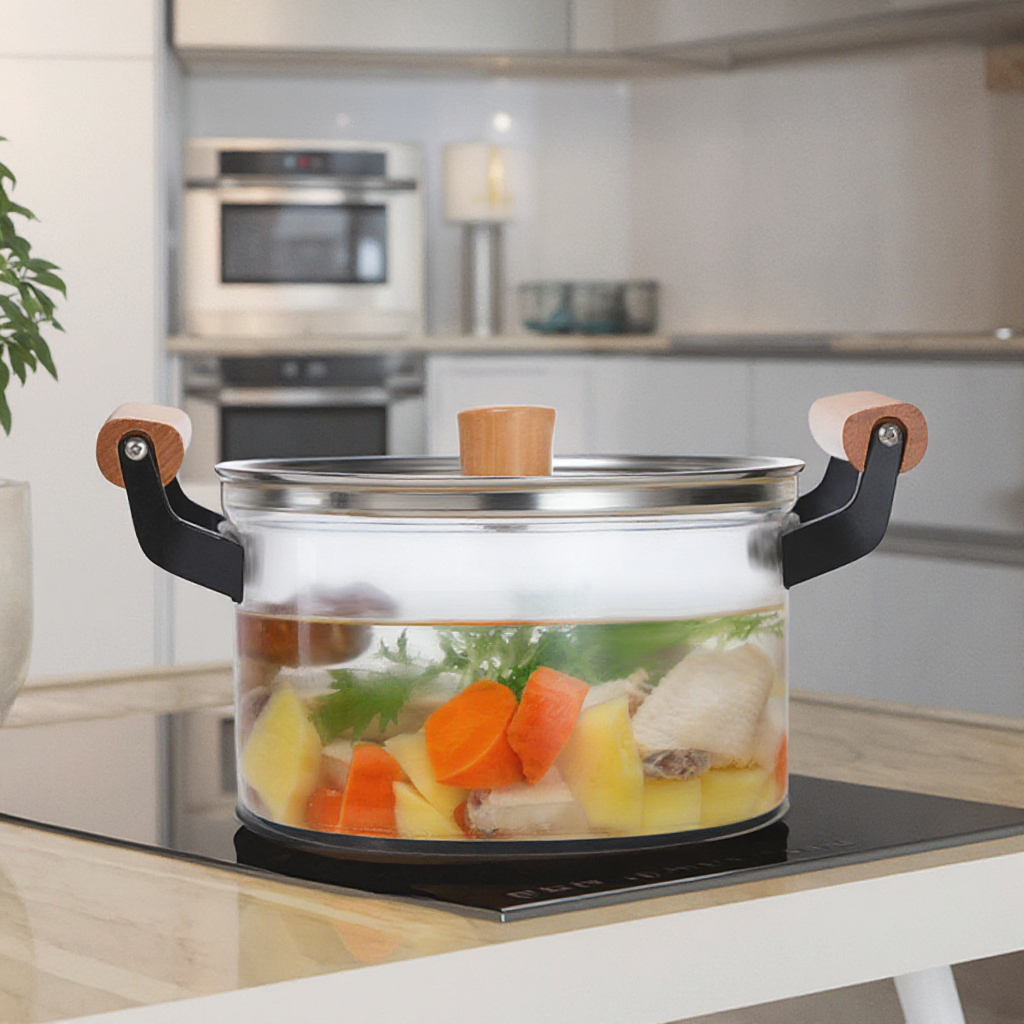 Klassischer 5,5 Liter Glas-Topf mit Holzgriff und Glasdeckel für Suppen