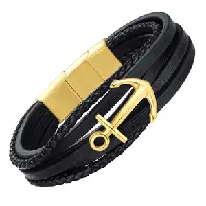 New Style Multi Layer Anchor Adjustable Magnetic Clasps Bulk Cuff Leather Bracelet